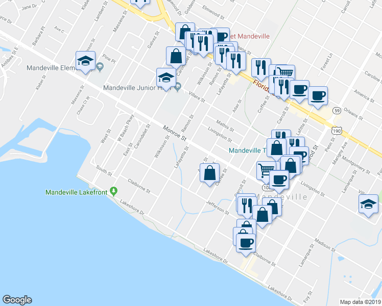 map of restaurants, bars, coffee shops, grocery stores, and more near 439 Lafayette Street in Mandeville