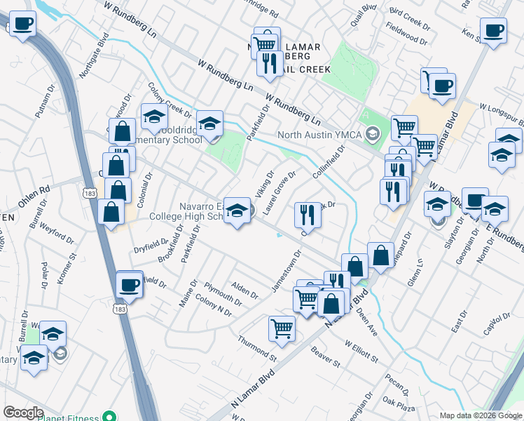 map of restaurants, bars, coffee shops, grocery stores, and more near 8902 Laurel Grove Drive in Austin