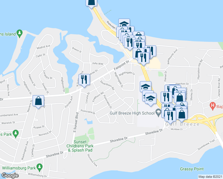 map of restaurants, bars, coffee shops, grocery stores, and more near 201 Silverthorn Road in Gulf Breeze
