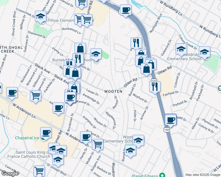 map of restaurants, bars, coffee shops, grocery stores, and more near 8302 Renton Drive in Austin
