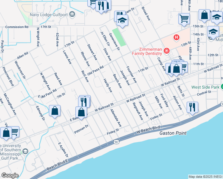 map of restaurants, bars, coffee shops, grocery stores, and more near 1125 Hardy Avenue in Gulfport