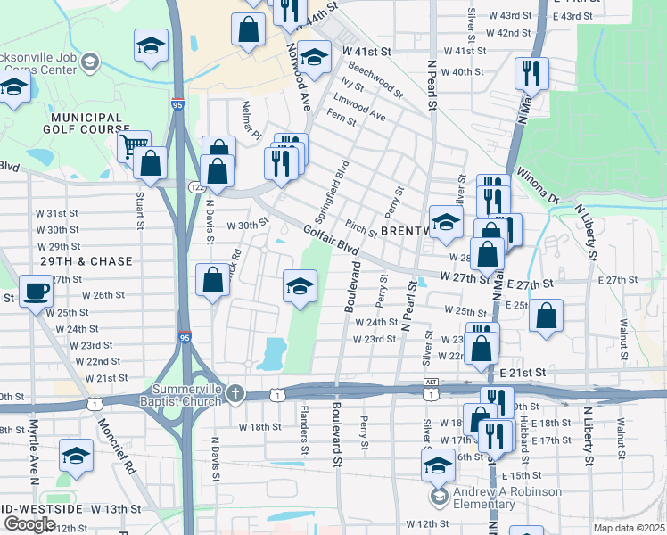 map of restaurants, bars, coffee shops, grocery stores, and more near 543 West 27th Street in Jacksonville