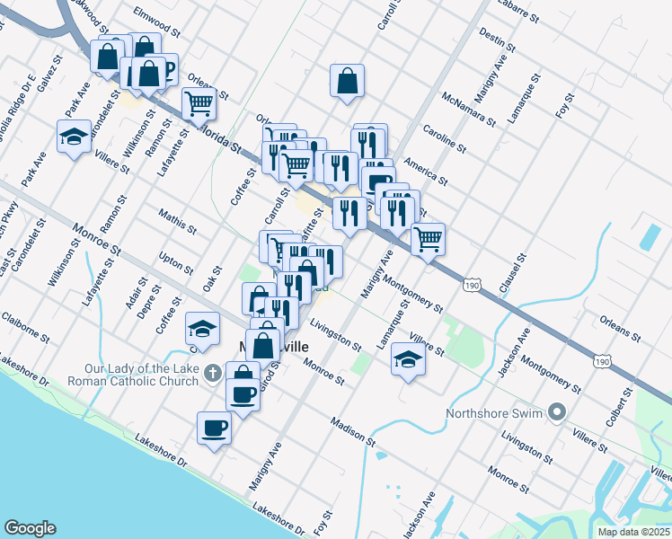 map of restaurants, bars, coffee shops, grocery stores, and more near 725 Girod Street in Mandeville