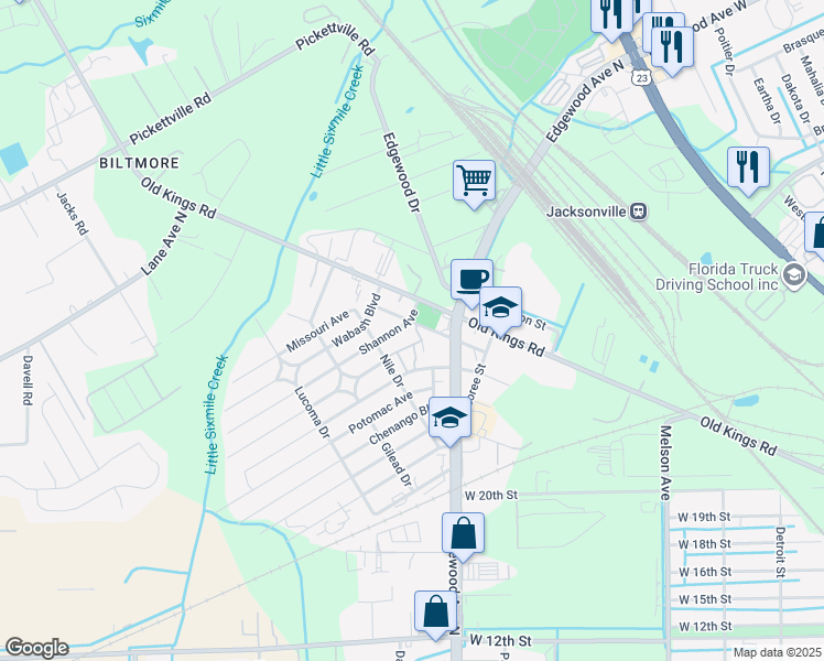 map of restaurants, bars, coffee shops, grocery stores, and more near 5141 Shenandoah Avenue in Jacksonville