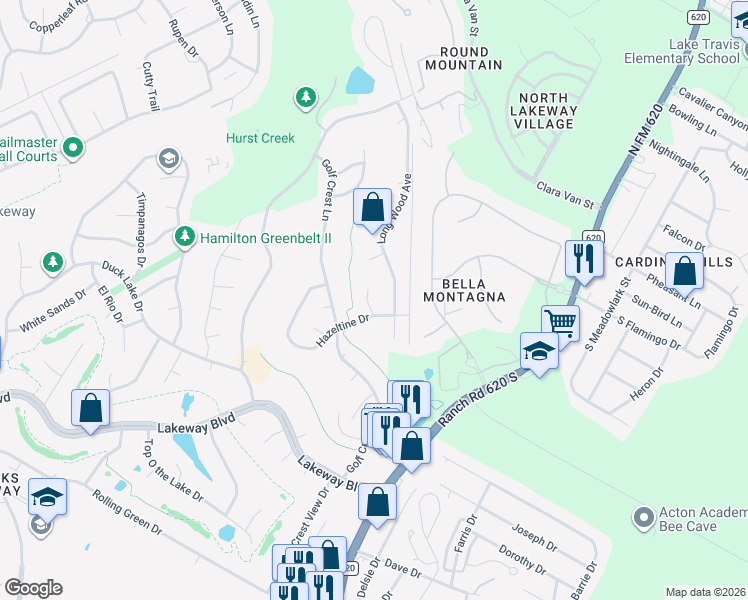 map of restaurants, bars, coffee shops, grocery stores, and more near 104 Rare Eagle Court in Lakeway