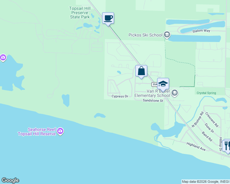 map of restaurants, bars, coffee shops, grocery stores, and more near 39 Cypress Walk in Santa Rosa Beach