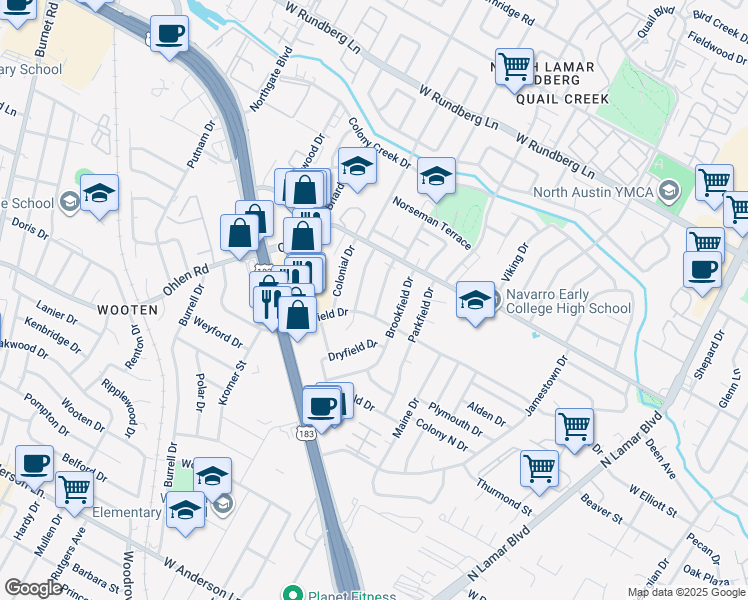 map of restaurants, bars, coffee shops, grocery stores, and more near 8700 Redfield Lane in Austin