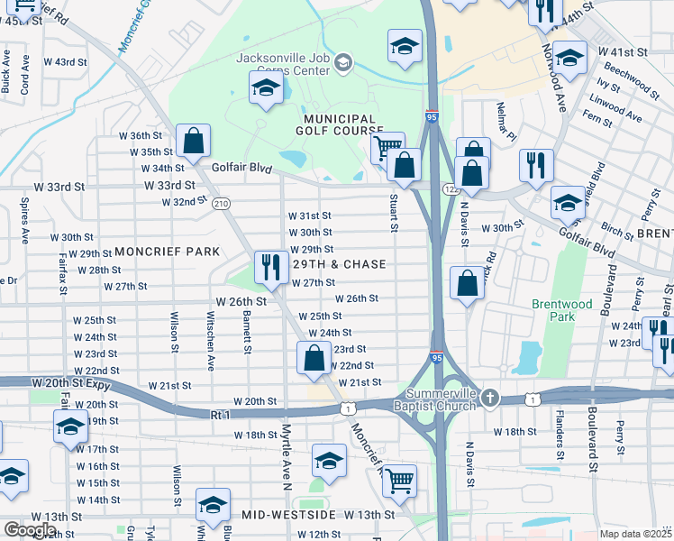 map of restaurants, bars, coffee shops, grocery stores, and more near 1194 W 28th St in Jacksonville