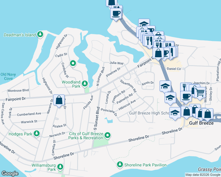 map of restaurants, bars, coffee shops, grocery stores, and more near 204 Loruna Drive in Gulf Breeze