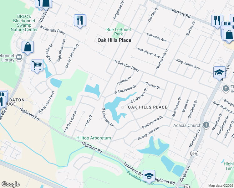 map of restaurants, bars, coffee shops, grocery stores, and more near 922 West Lakeview Drive in Baton Rouge