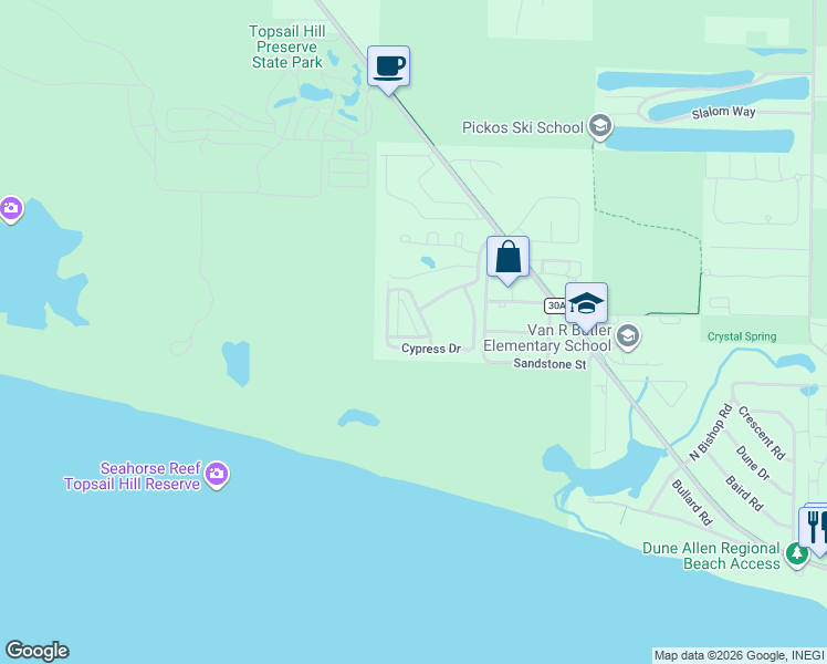 map of restaurants, bars, coffee shops, grocery stores, and more near 39 Cypress Walk in Santa Rosa Beach