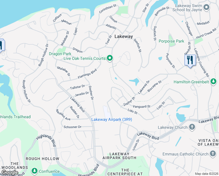 map of restaurants, bars, coffee shops, grocery stores, and more near 728 Vanguard Street in Lakeway