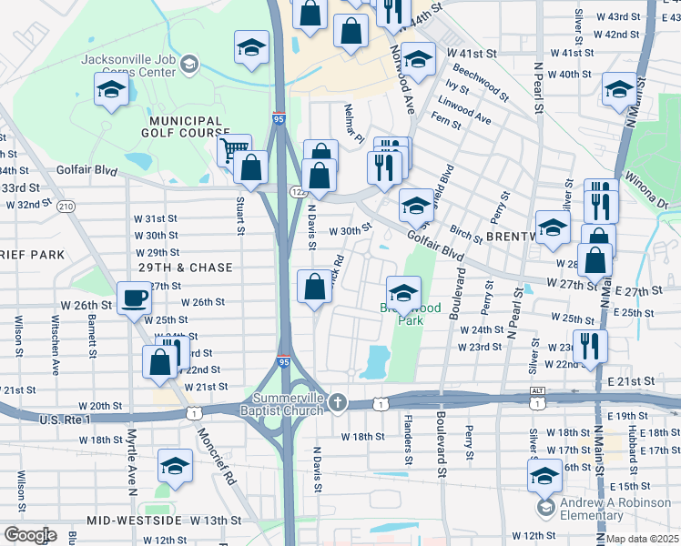 map of restaurants, bars, coffee shops, grocery stores, and more near 3656 Wood Creek Lane in Jacksonville