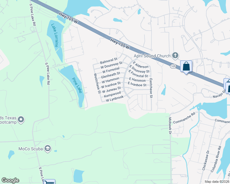 map of restaurants, bars, coffee shops, grocery stores, and more near 16900 Kempwood in Montgomery