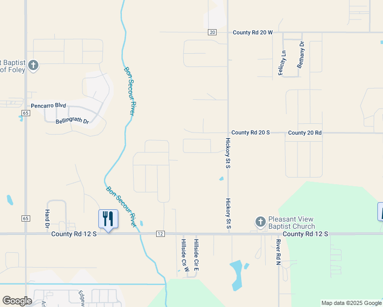 map of restaurants, bars, coffee shops, grocery stores, and more near 1078 Crown Walk Drive in Foley