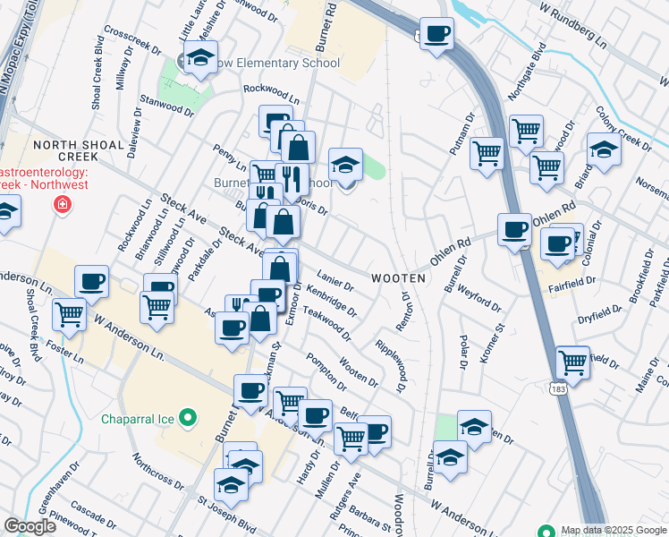 map of restaurants, bars, coffee shops, grocery stores, and more near 2005 Ohlen Road in Austin