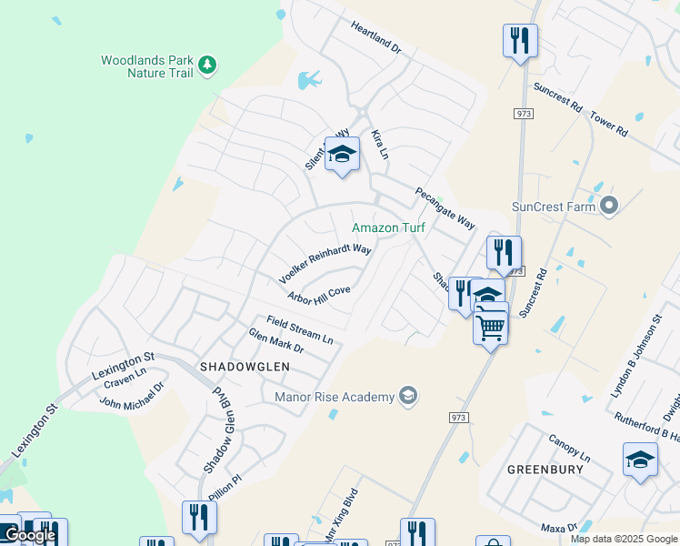 map of restaurants, bars, coffee shops, grocery stores, and more near 11901 Emerald Springs Lane in Manor