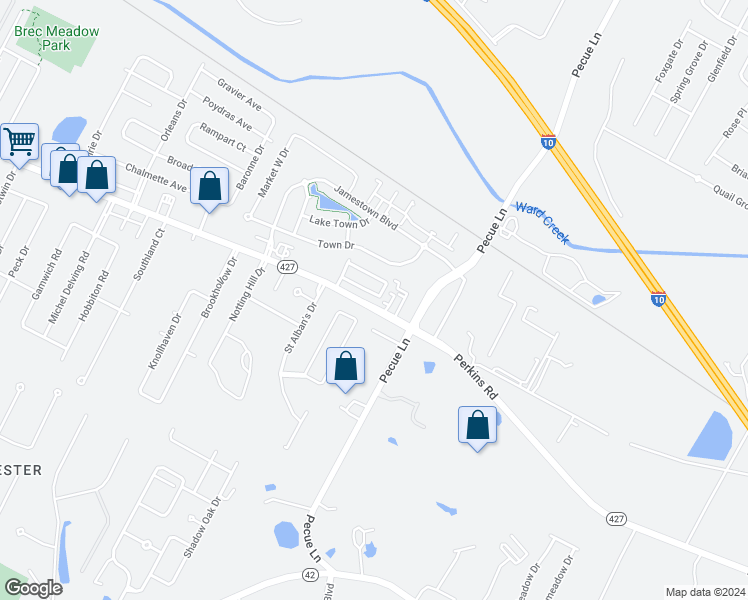 map of restaurants, bars, coffee shops, grocery stores, and more near 14858 Kingsland Way in Baton Rouge