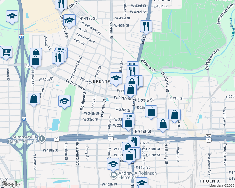 map of restaurants, bars, coffee shops, grocery stores, and more near 3720 Silver Street in Jacksonville
