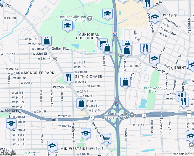 map of restaurants, bars, coffee shops, grocery stores, and more near 1130 West 28th Street in Jacksonville