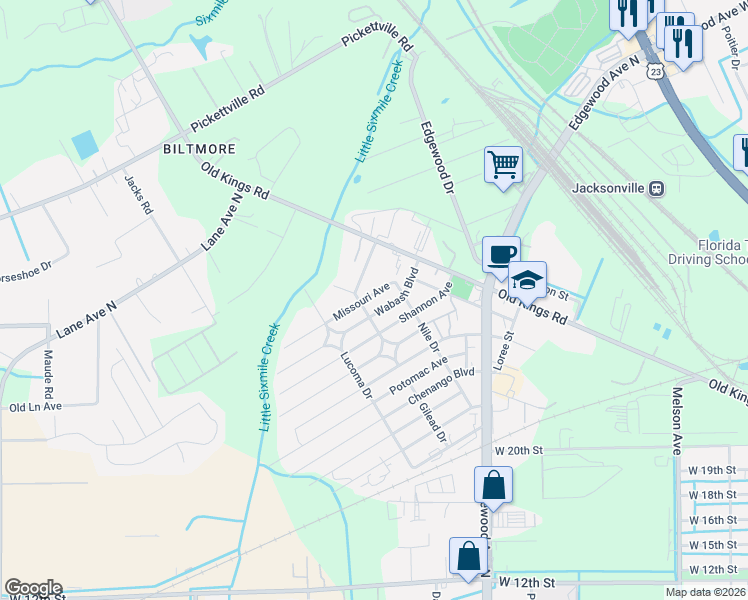 map of restaurants, bars, coffee shops, grocery stores, and more near 5246 Missouri Ave in Jacksonville