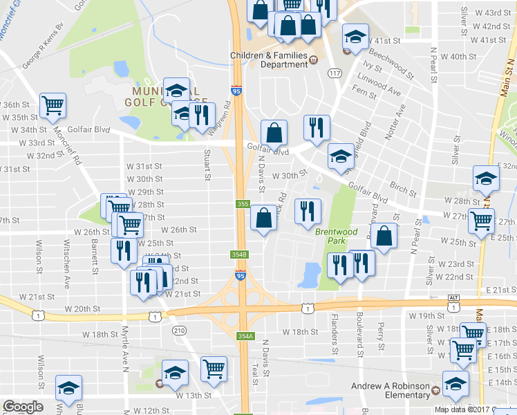 map of restaurants, bars, coffee shops, grocery stores, and more near 3716 North Davis Street in Jacksonville
