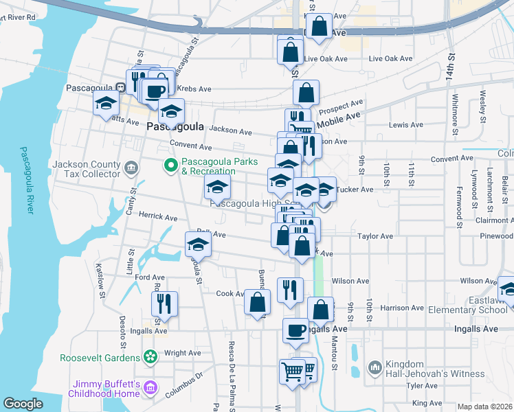 map of restaurants, bars, coffee shops, grocery stores, and more near 1314 Skip Avenue in Pascagoula