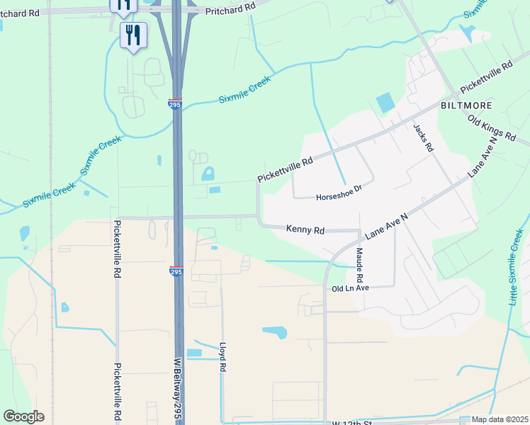 map of restaurants, bars, coffee shops, grocery stores, and more near 6385 Pickettville Road in Jacksonville