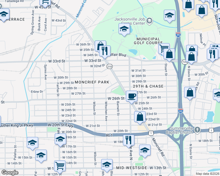 map of restaurants, bars, coffee shops, grocery stores, and more near 3726 Witschen Avenue in Jacksonville