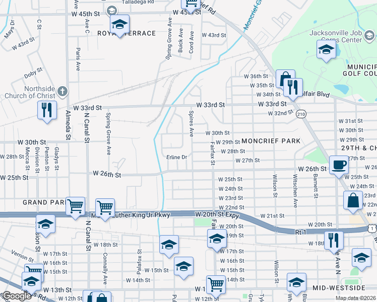 map of restaurants, bars, coffee shops, grocery stores, and more near 3804 Spires Ave in Jacksonville