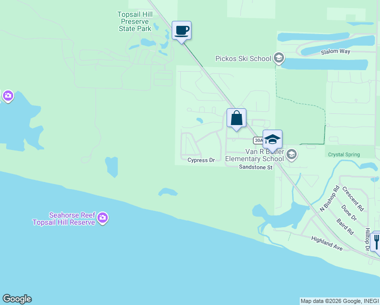 map of restaurants, bars, coffee shops, grocery stores, and more near 39 Cypress Walk in Santa Rosa Beach
