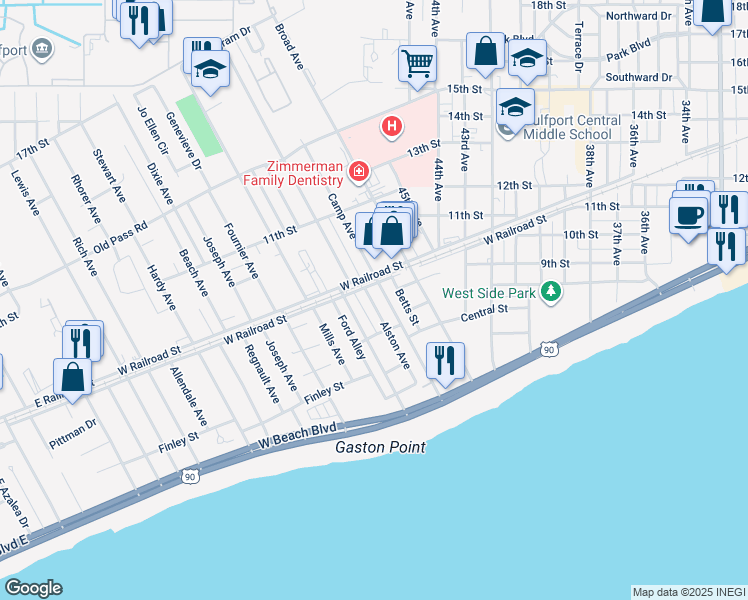 map of restaurants, bars, coffee shops, grocery stores, and more near 822 Alston Avenue in Gulfport