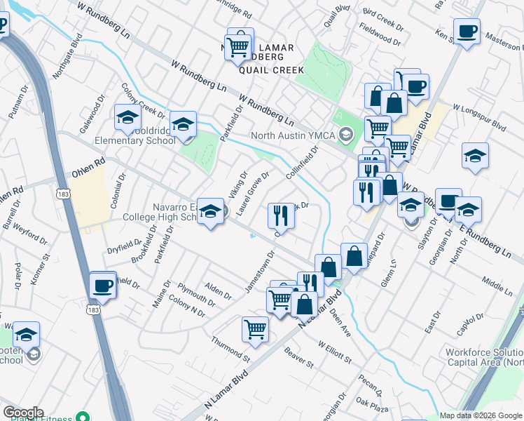 map of restaurants, bars, coffee shops, grocery stores, and more near 1011 Bob White Drive in Austin