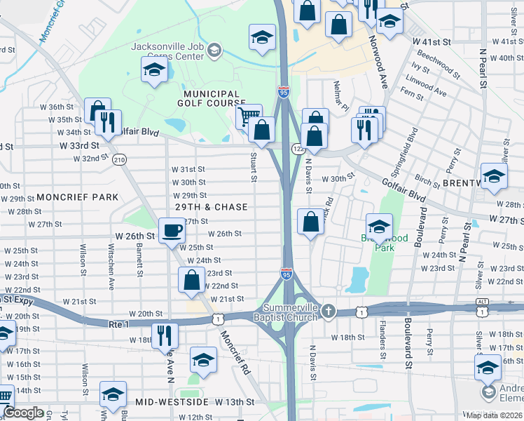 map of restaurants, bars, coffee shops, grocery stores, and more near 3725 Stuart Street in Jacksonville