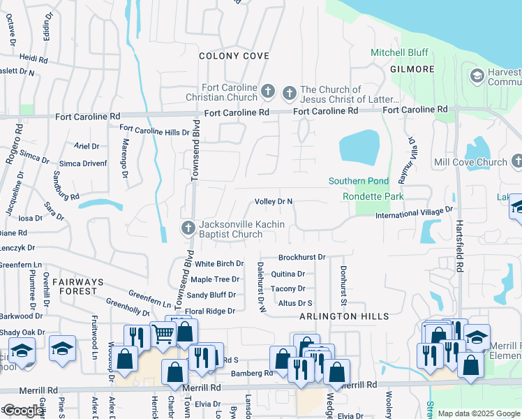 map of restaurants, bars, coffee shops, grocery stores, and more near 3414 Volley Court in Jacksonville
