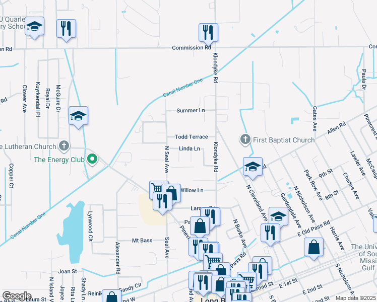 map of restaurants, bars, coffee shops, grocery stores, and more near 12 Linda Lane in Long Beach