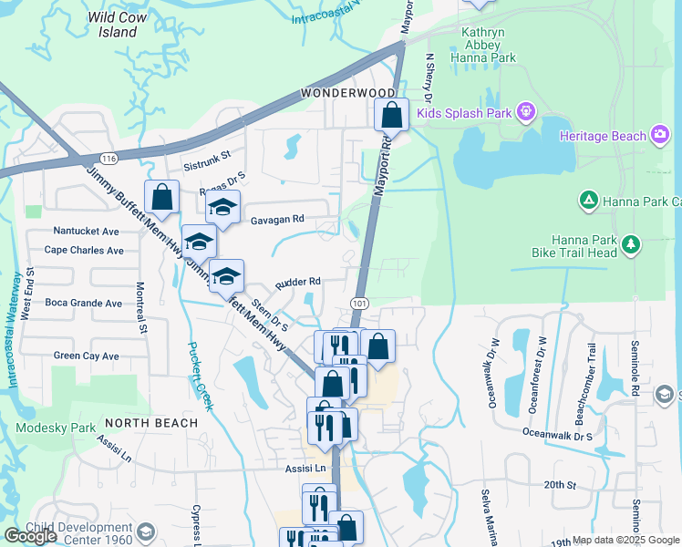 map of restaurants, bars, coffee shops, grocery stores, and more near 2670 Tide Lane in Atlantic Beach
