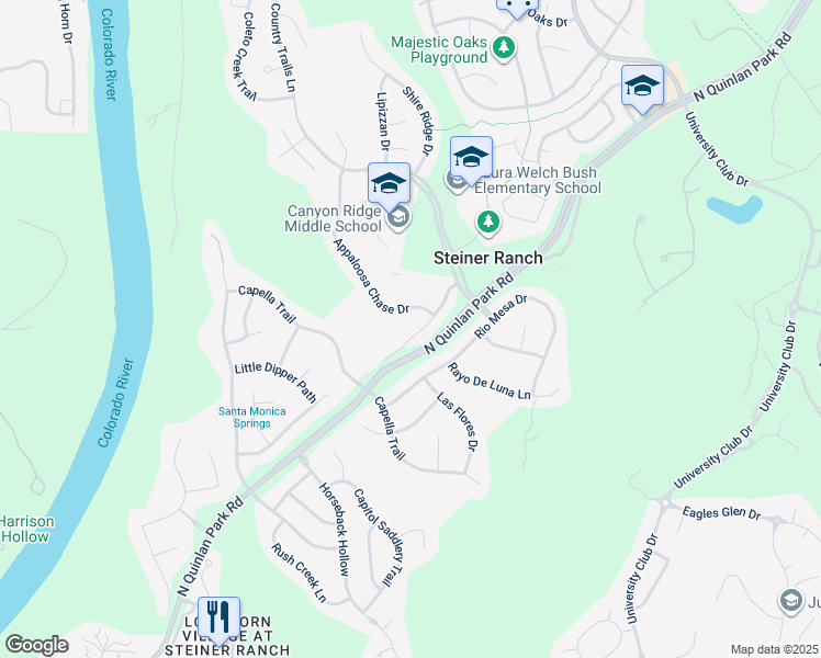map of restaurants, bars, coffee shops, grocery stores, and more near 2104 Westfalian Trail in Austin