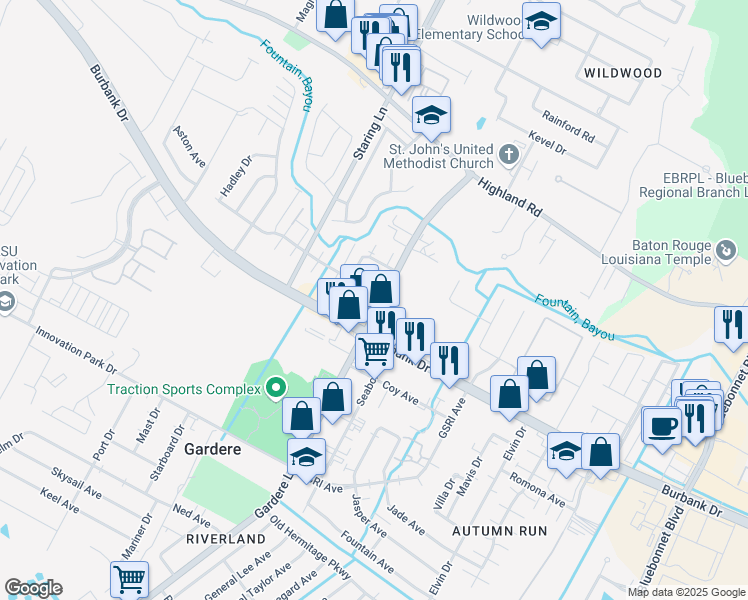 map of restaurants, bars, coffee shops, grocery stores, and more near 704 Gardere Lane in Baton Rouge