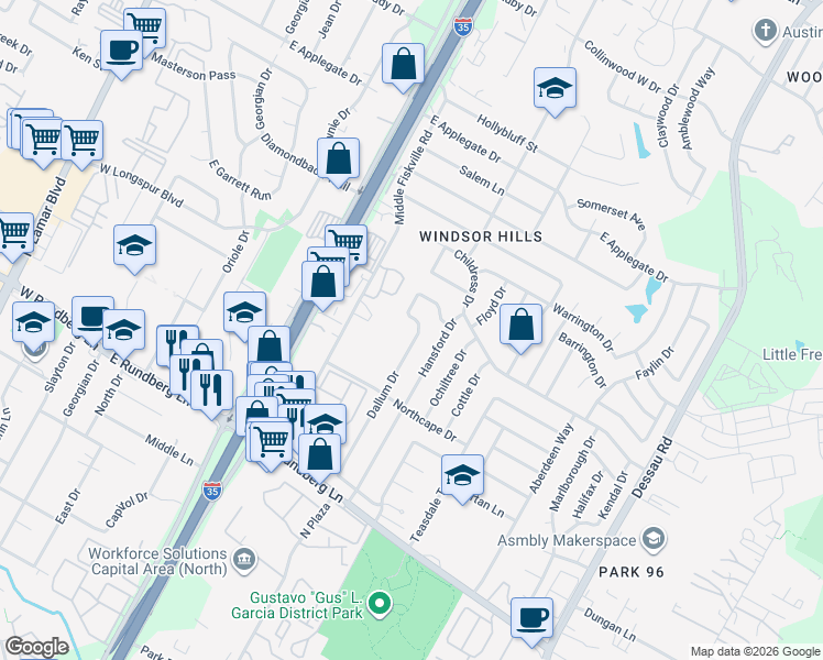 map of restaurants, bars, coffee shops, grocery stores, and more near 9806 Dallum Dr in Austin