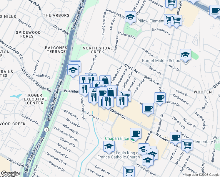 map of restaurants, bars, coffee shops, grocery stores, and more near 2907 Ashdale Drive in Austin