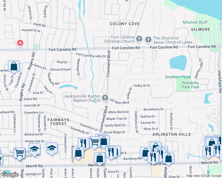 map of restaurants, bars, coffee shops, grocery stores, and more near 7274 Townsend Village Lane in Jacksonville