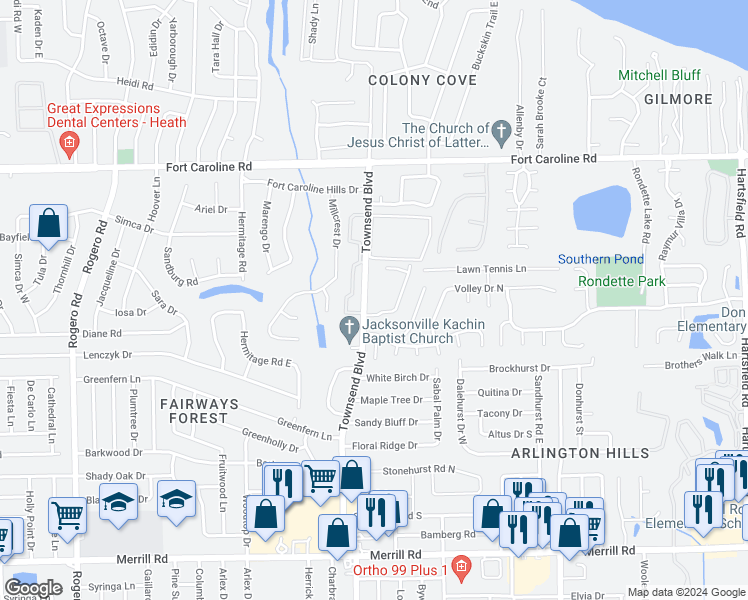 map of restaurants, bars, coffee shops, grocery stores, and more near 3501 Townsend Boulevard in Jacksonville