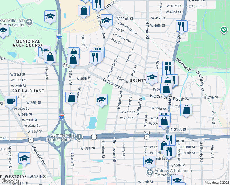 map of restaurants, bars, coffee shops, grocery stores, and more near 543 West 27th Street in Jacksonville
