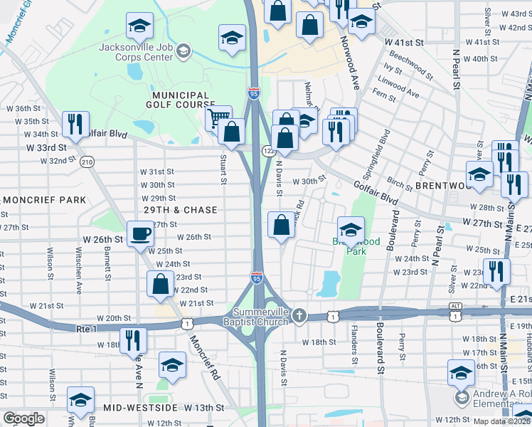 map of restaurants, bars, coffee shops, grocery stores, and more near 3716 North Davis Street in Jacksonville