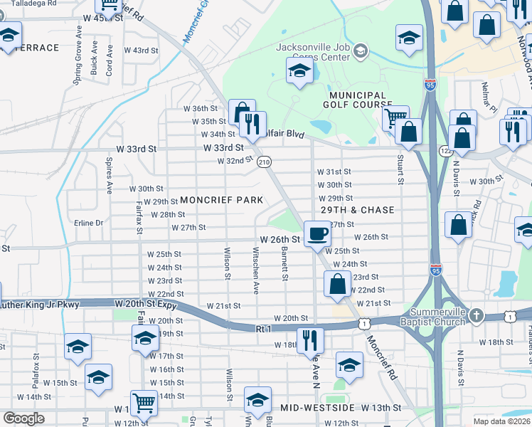 map of restaurants, bars, coffee shops, grocery stores, and more near 3726 Witschen Avenue in Jacksonville