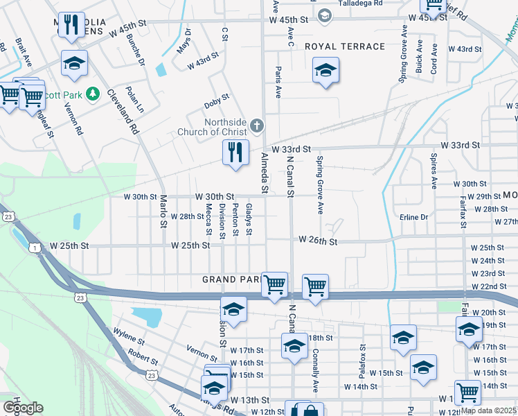 map of restaurants, bars, coffee shops, grocery stores, and more near 3818 Almeda Street in Jacksonville