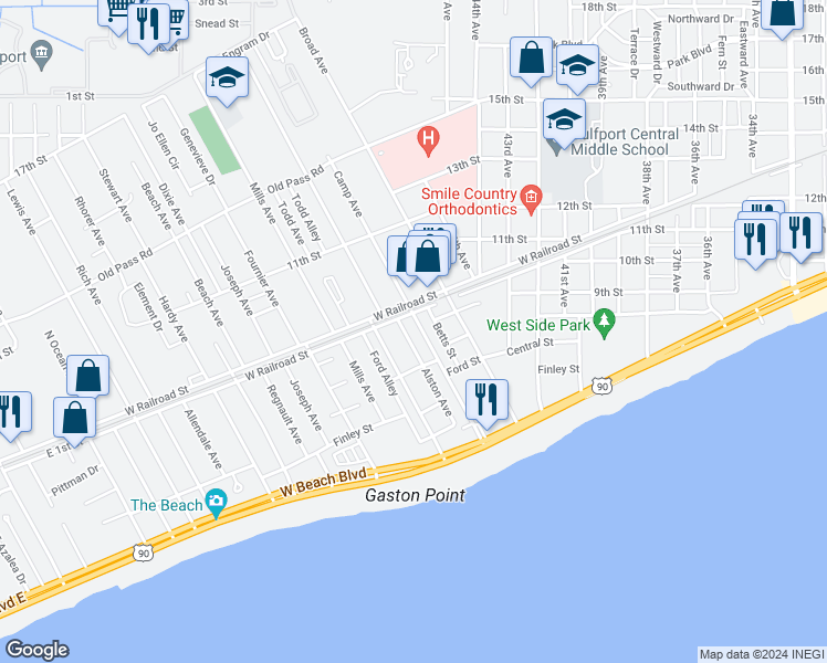 map of restaurants, bars, coffee shops, grocery stores, and more near 818 Alston Avenue in Gulfport