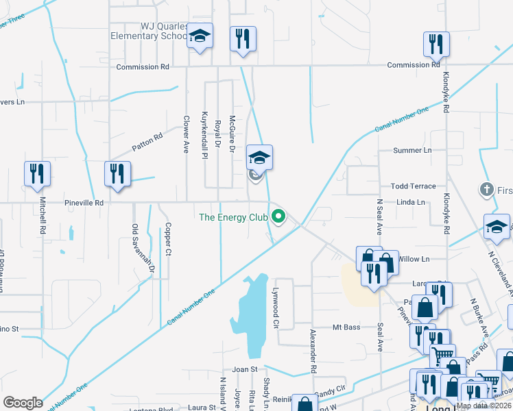 map of restaurants, bars, coffee shops, grocery stores, and more near 19219 Pineville Rd in Long Beach