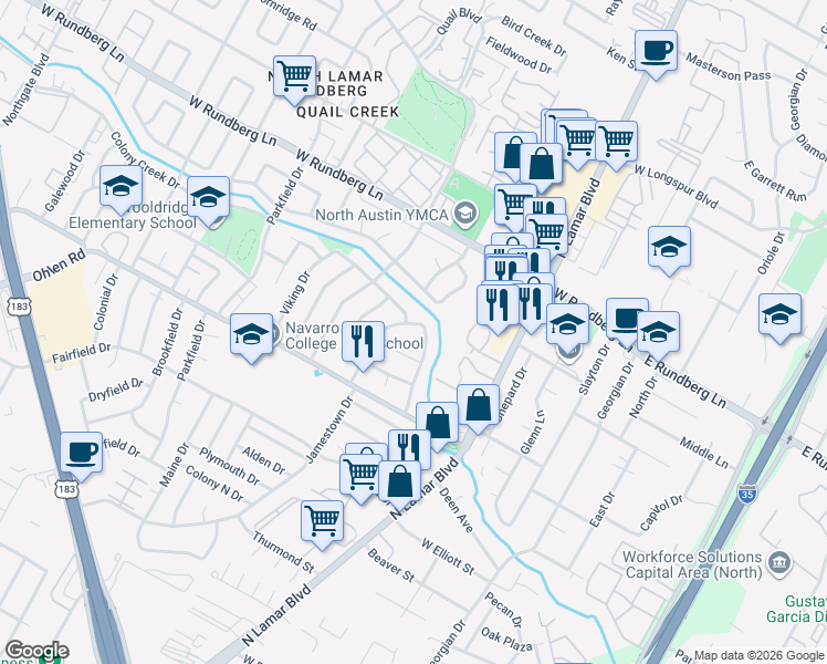 map of restaurants, bars, coffee shops, grocery stores, and more near 9011 Quail Creek Drive in Austin